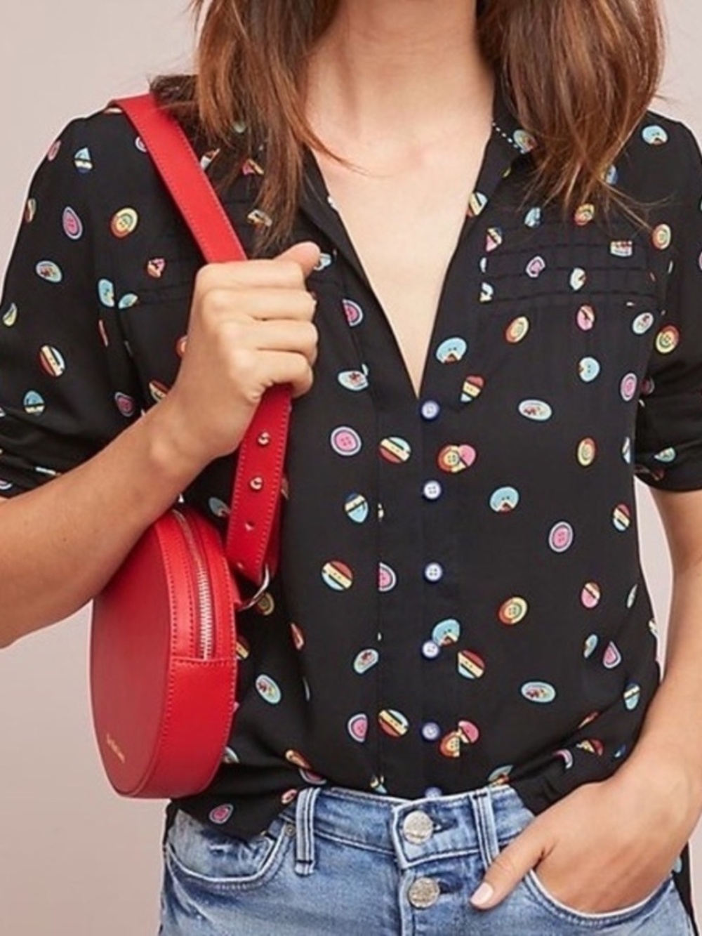 Anthropologie Conversations 13 of 52 Novelty Print Pintuck Blouse Black Size 8 - Picture 2 of 16